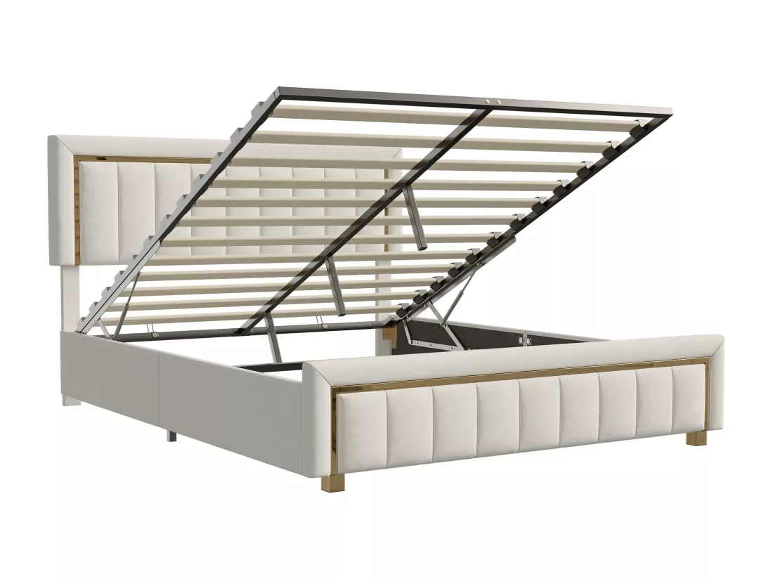 lit double rembourré 160 x 200,lit coffre avec sommier,lit adulte 160 x 200 avec levier hydraulique,velours,beige