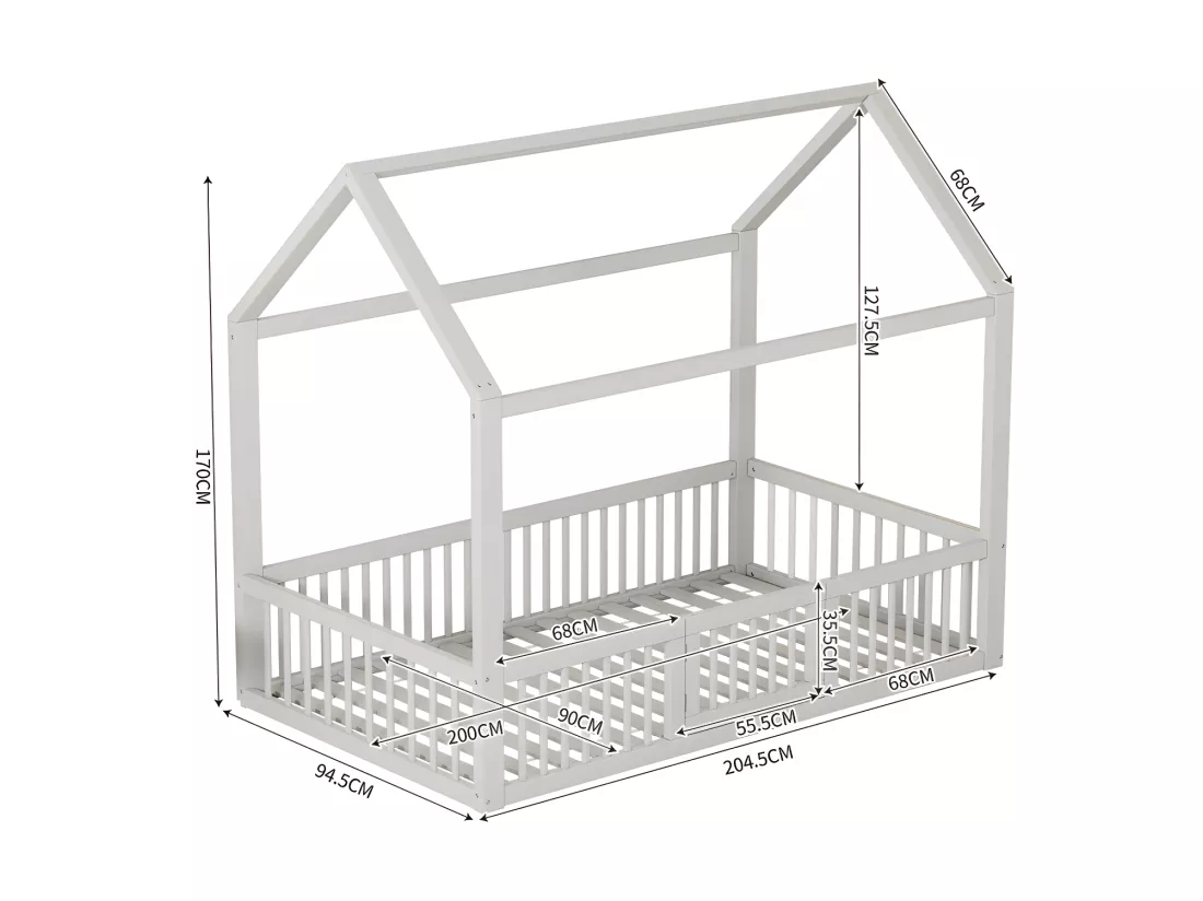 Lit cabane pour enfant - 90x200cm - en bois massif - Blanc