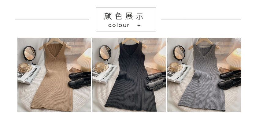 DIYI - V-hals effen slim-fit gebreide jurk