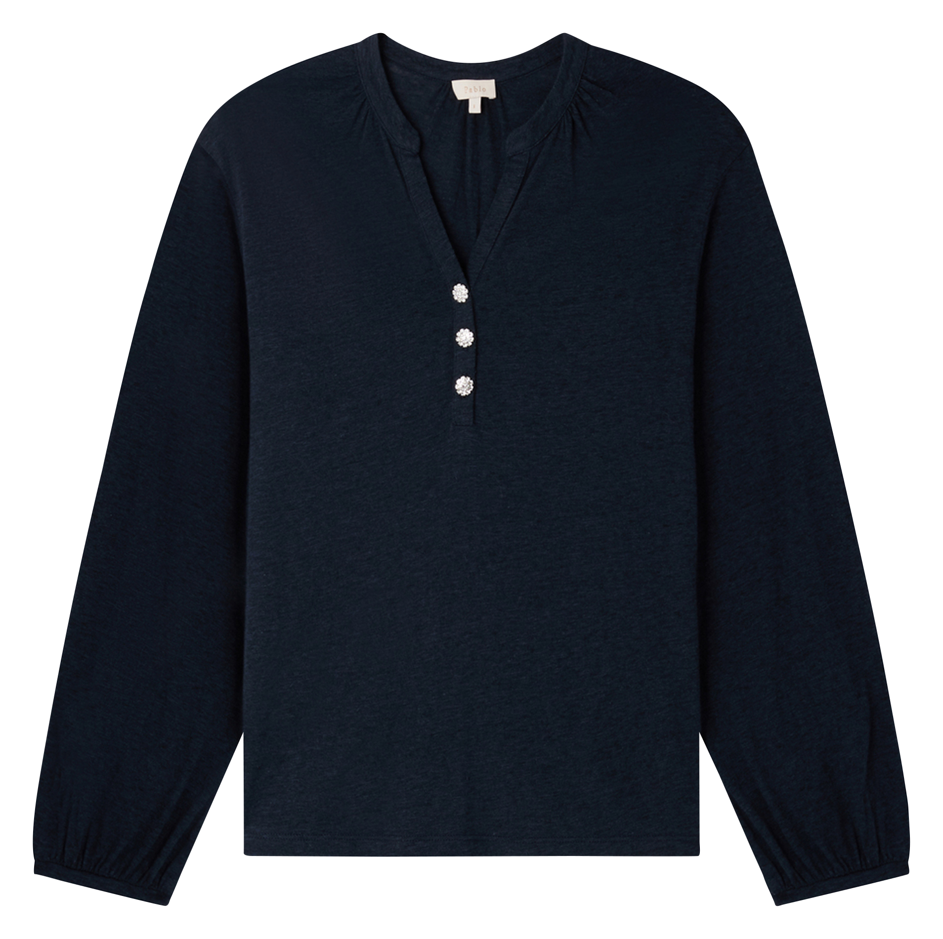ALYS - Tee-shirt droit col tunisien en coton mélangé | Bleu