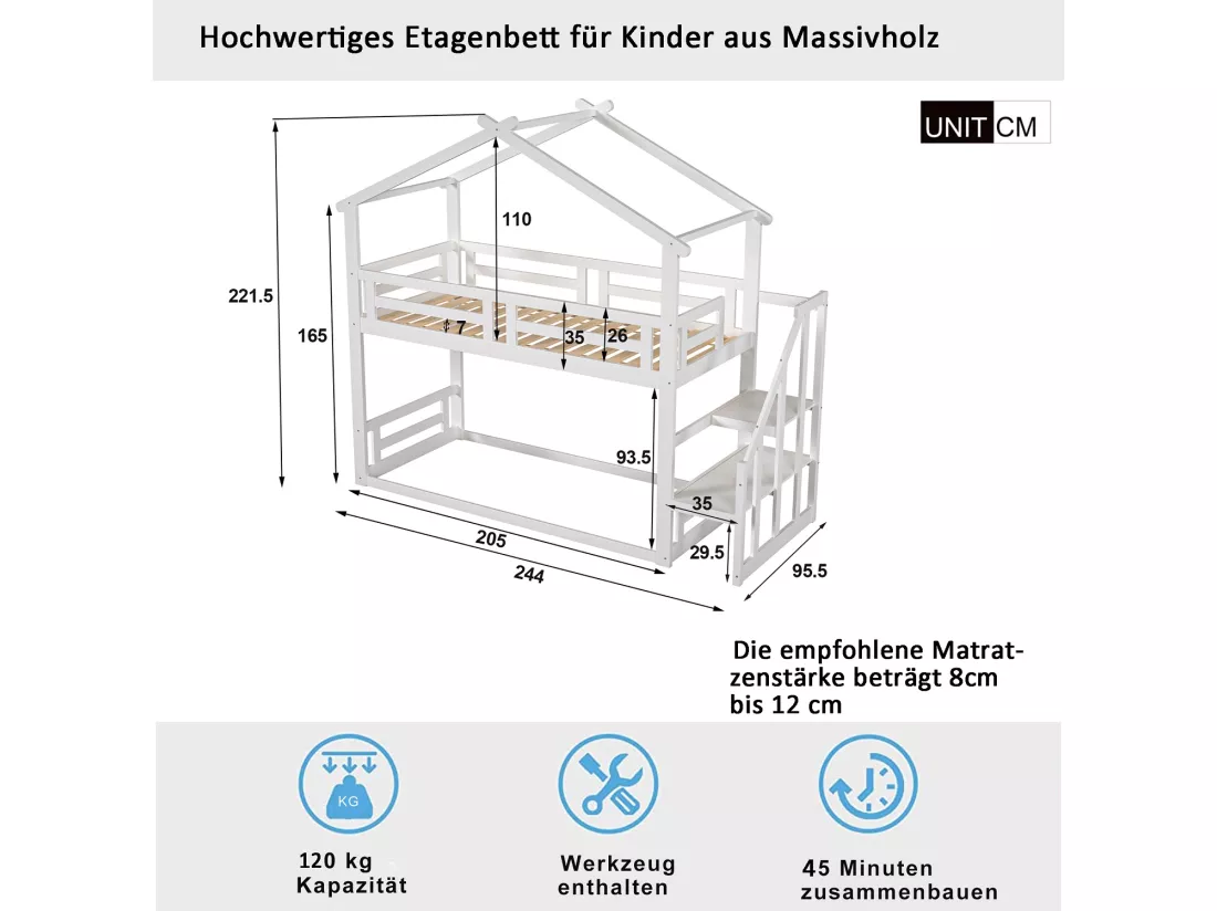 Lit superposé cabane avec rangement - 90 x 200 cm - pin - sommier à lattes seule en dessus - blanc