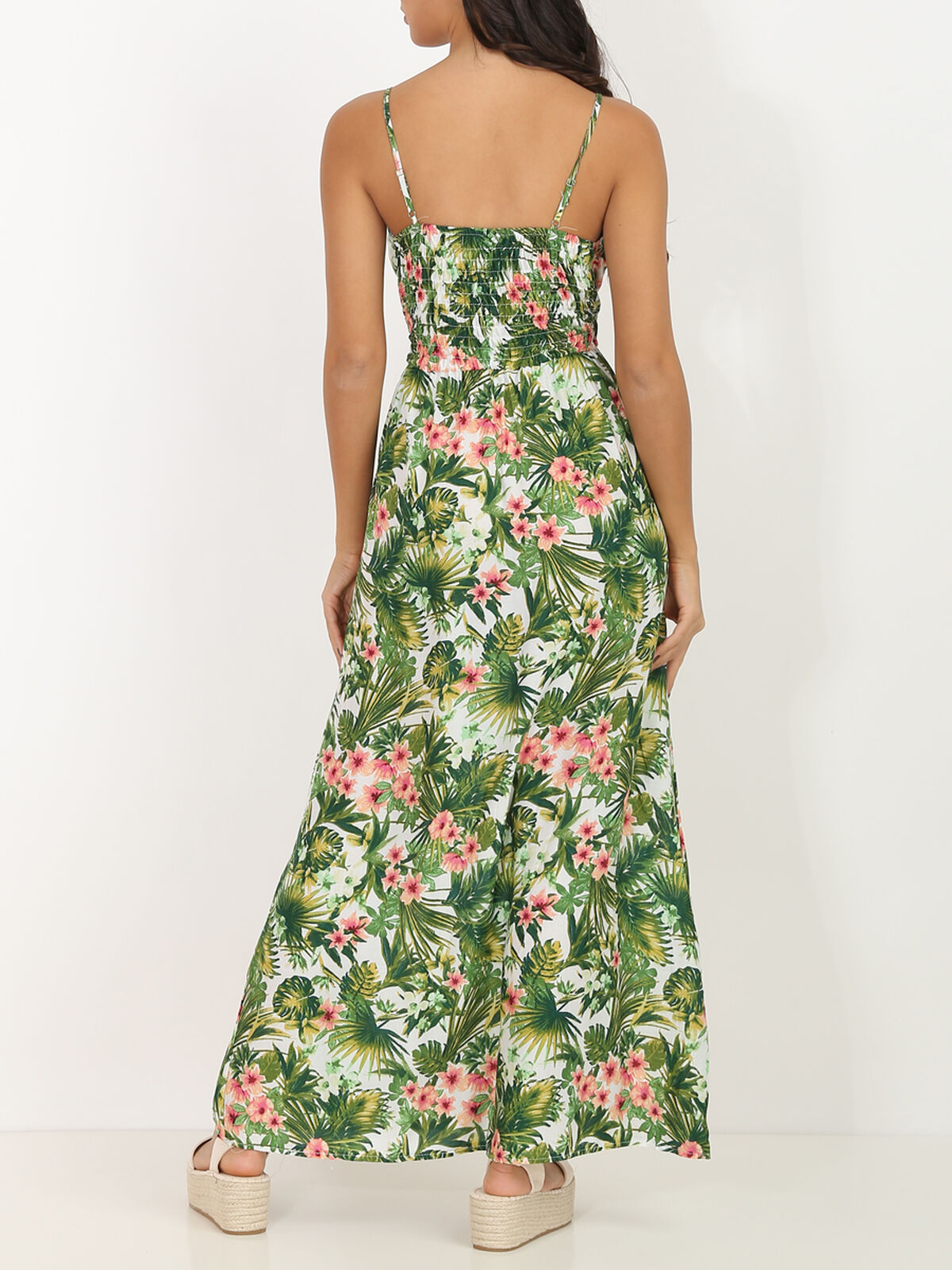 Robe longue à bretelles et motif tropical- Blanc