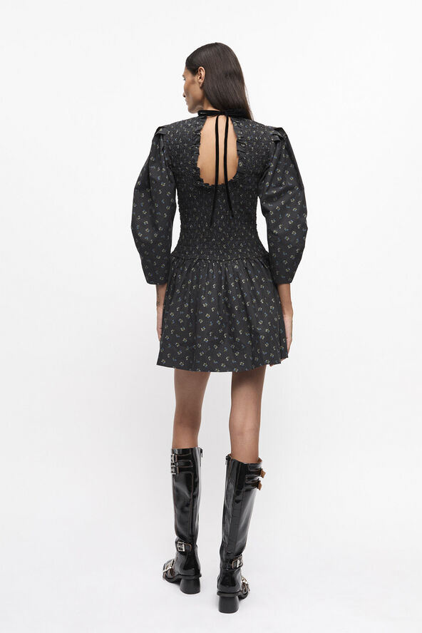 Ganni Printed Cotton Mini Smock Dress Phantom