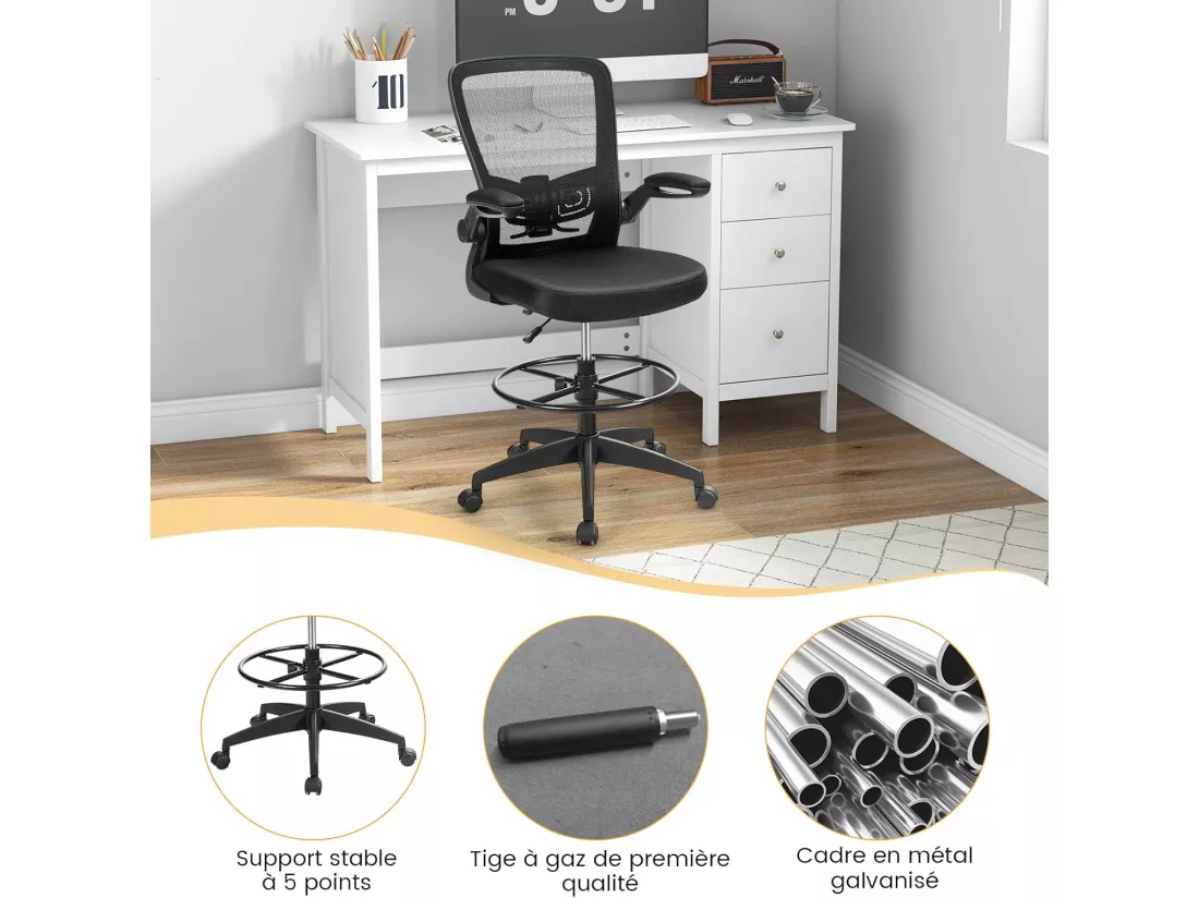 Chaise de Bureau Ergonomique en Maille, Chaise d'Ordinateur avec roulettes, Accoudoirs Rabattables, Repose-Pieds, Réglable en Hauteur, Cadre en Métal Solide, pour Bureau, Charge 120 kg