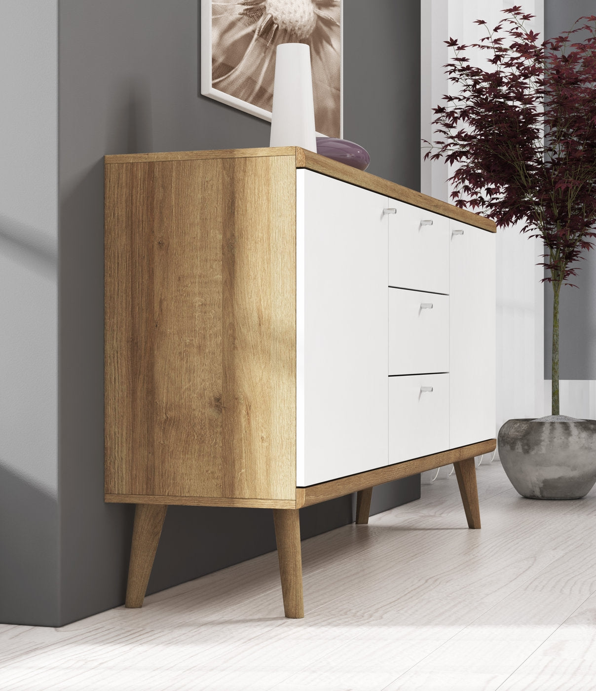 Meubella - Dressoir Primavera - Wit - Licht eiken - 160 cm