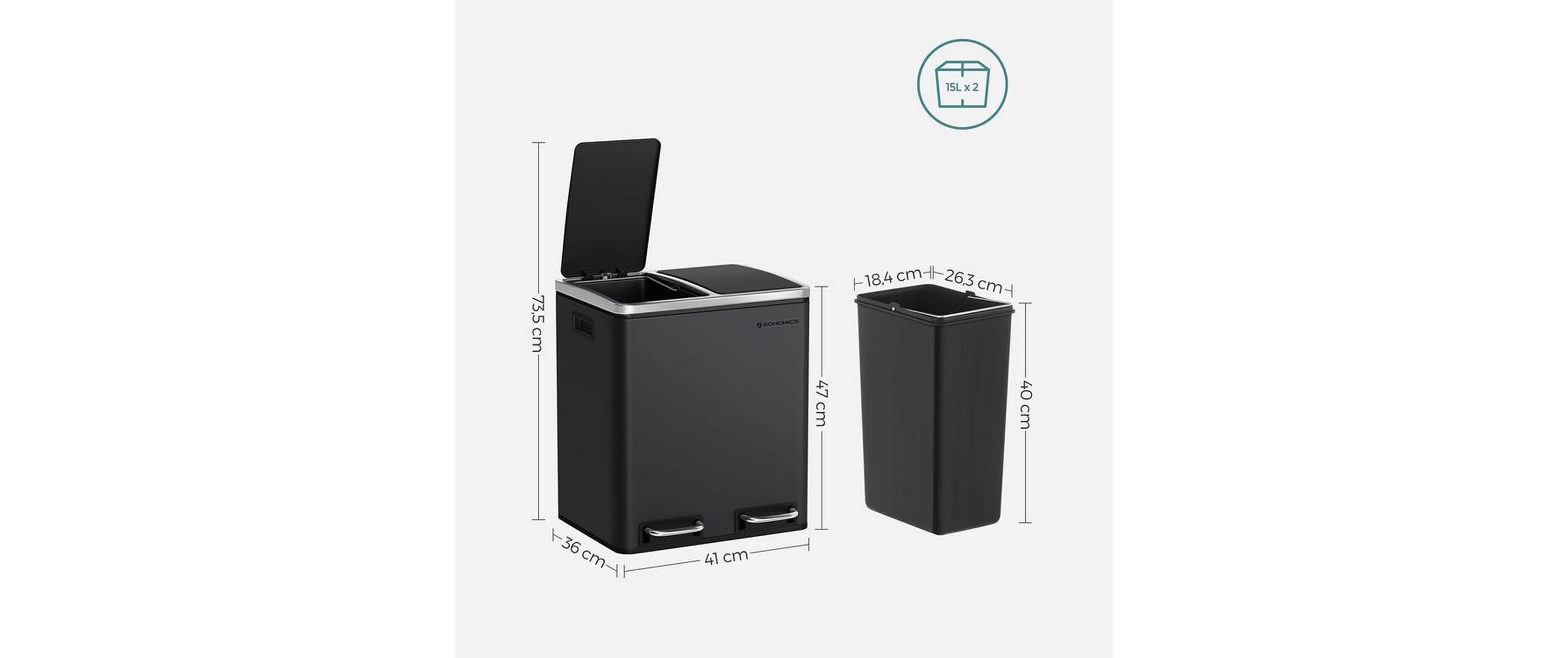 Abfalleimer 30 l, Schwarz<br>Treteimer mit zwei Fächern