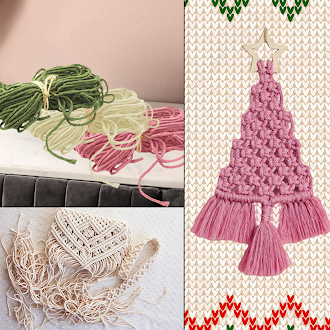 (6-tlg. Set) DIY Makramee Weihnachtsbaum Anhänger Boho Deko Garn Bastel Zubehör inkl. Holz Stern - Pink / Grün / Beige