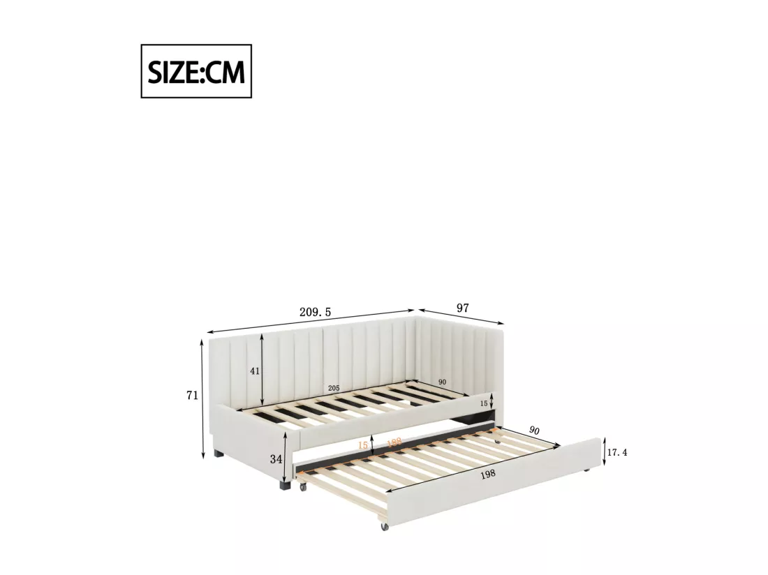lit gigogne capitonné 90x200cm - canapé lit gigogne, sommier à lattes,lits jeunesse, lits enfant, lits d'appoint, velours - Beige