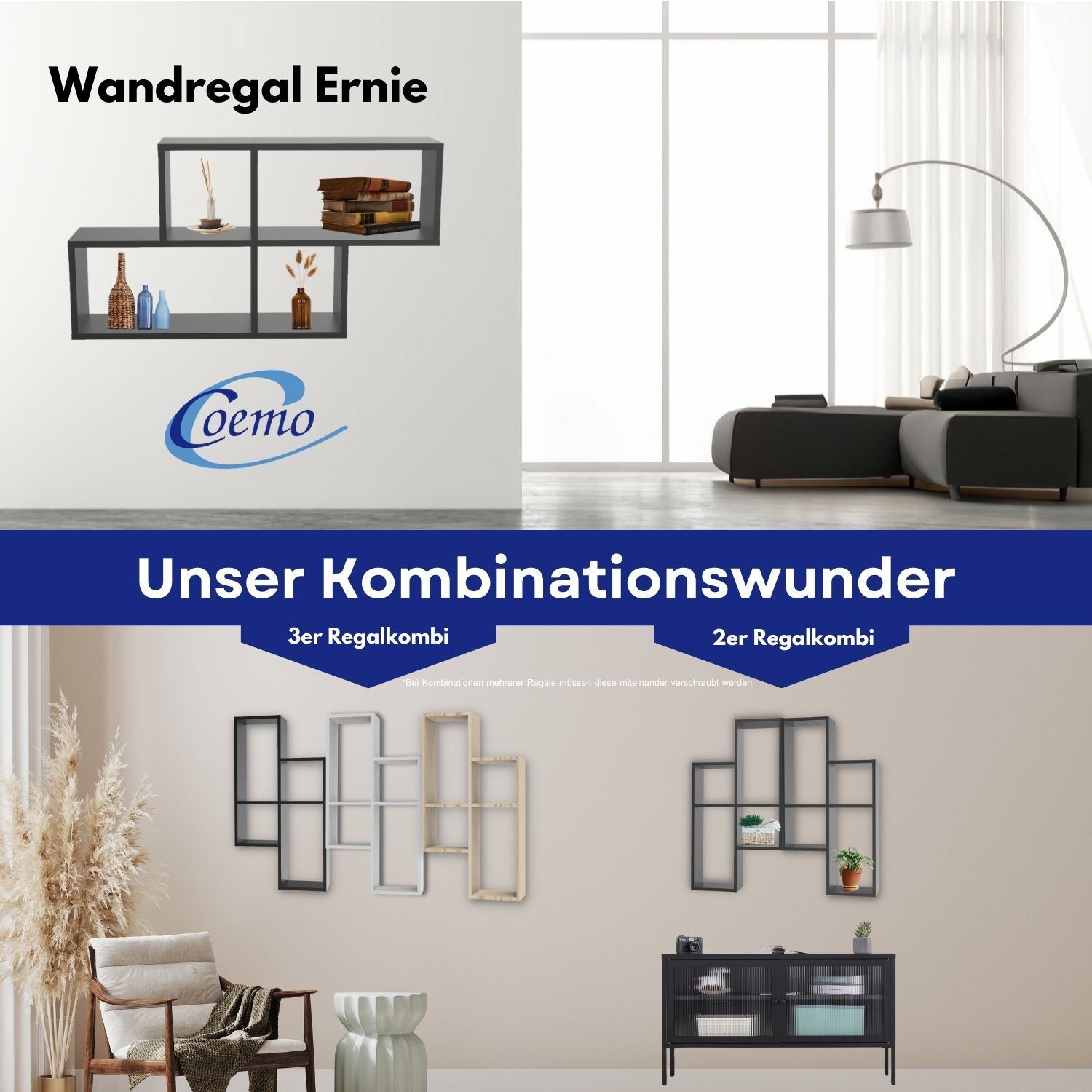 Coemo Wandregal Ernie Anthrazit 100x20x53cm Holz MDF 4 Fächer