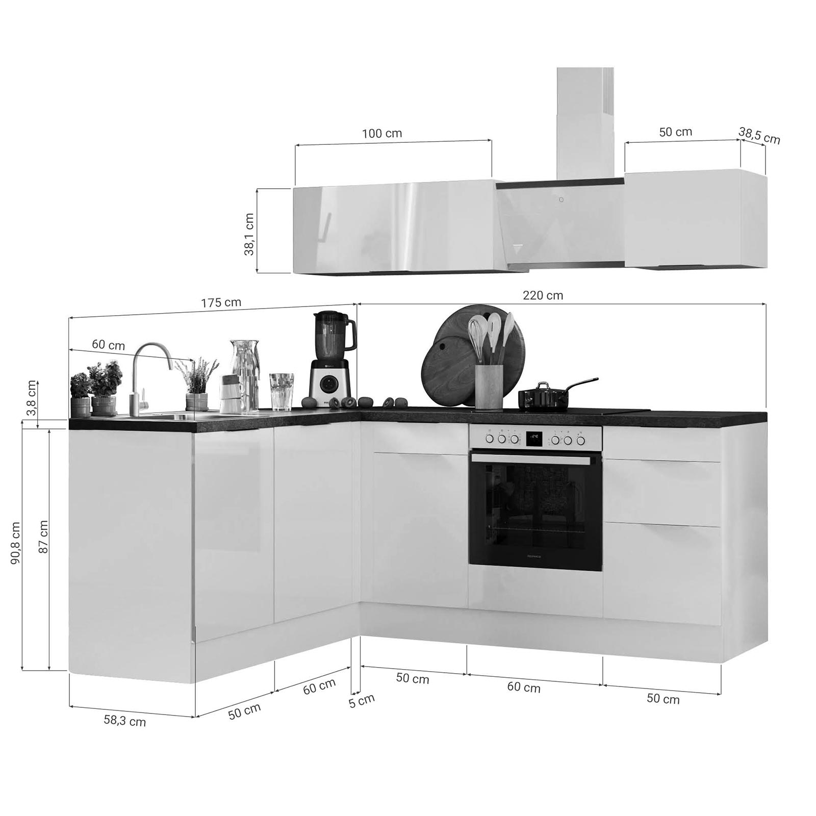 RESPEKTA Winkelküche - Artisan Eiche - weiß matt - mit E-Geräten - 220 cm