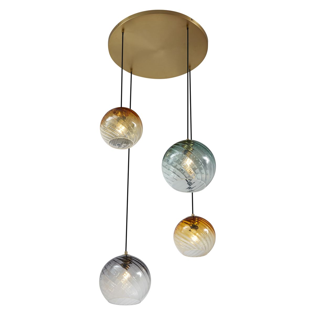 Hanglamp brons met smoke amber en groen glas rond 4-lichts - Bao