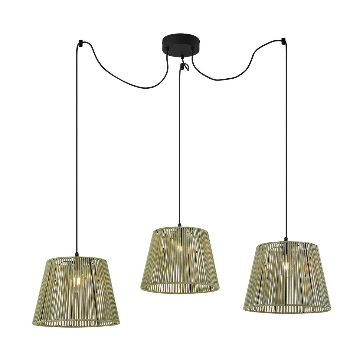 Buiten hanglamp zwart met groene kappen van touw 3-lichts IP44 - Cava Jayla