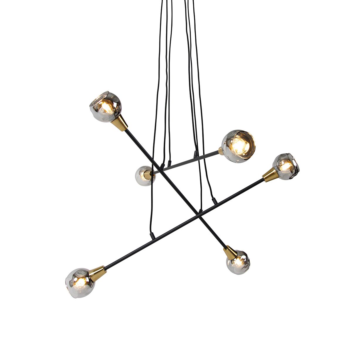 Hanglamp zwart met messing en smoke glas 6-lichts - Vidro