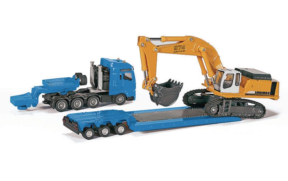 MAN TG-A Schwertransporter mit Liebherr Bagger 1:87H0 MAN Lastwagen mit Tiefbettauflieger und Liebherr Löffelbagger