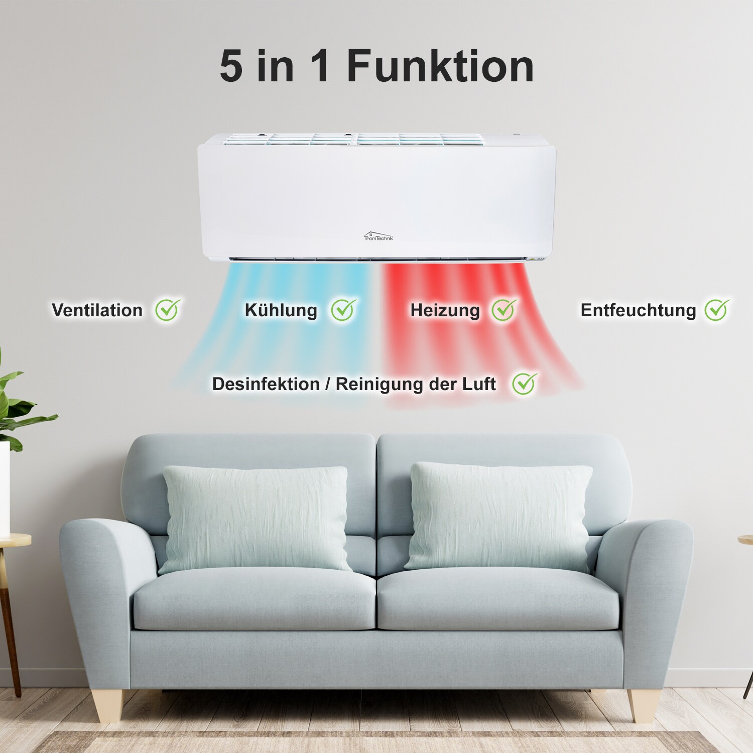 TroniTechnik® Split Klimaanlage REYKIR 9000 BTU Inverter Klimagerät, SMART, UVC Luftreinigung, 5m Leitung, Zubehör, Wandhalterung