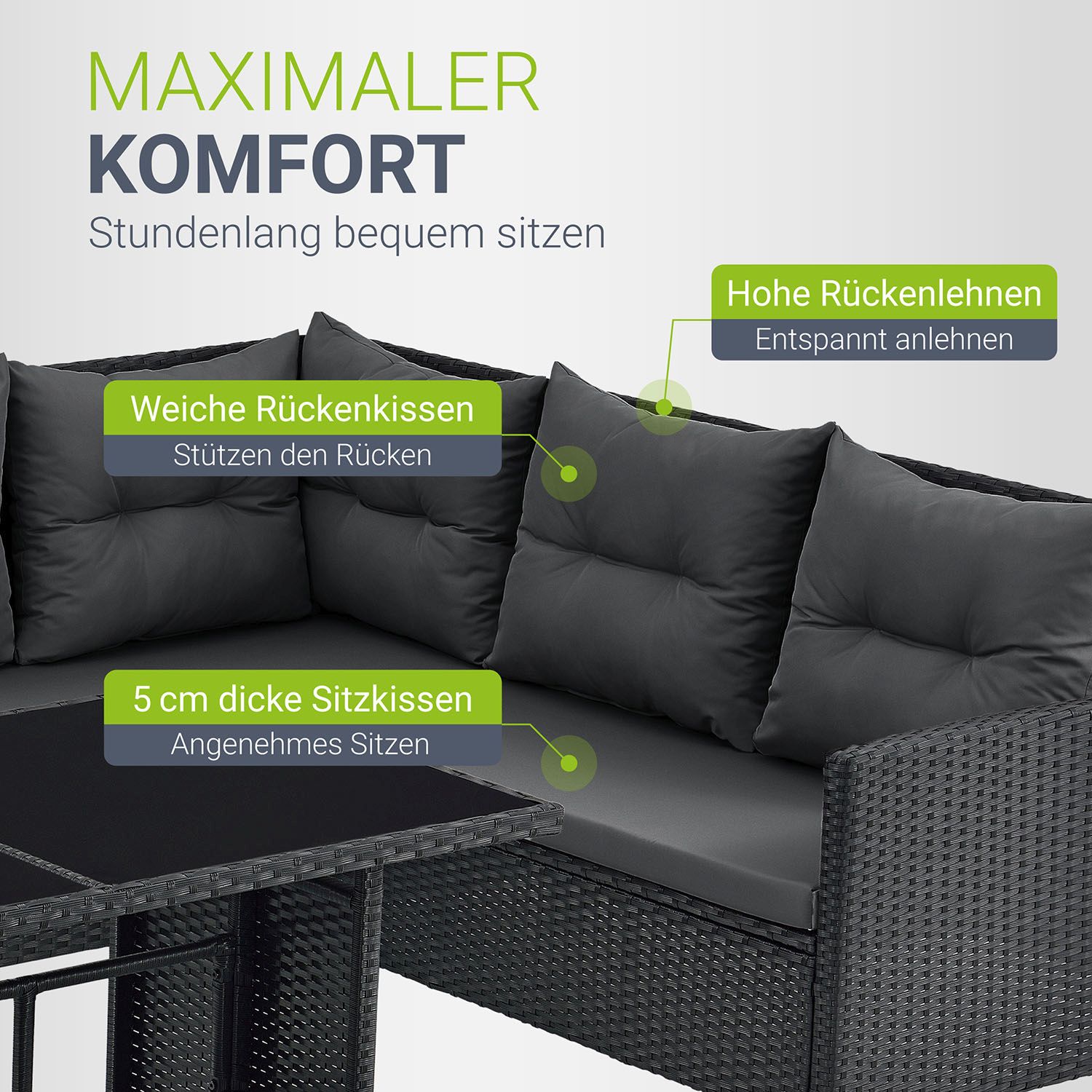 Juskys Gartenlounge Manacor schwarz - Sofa, Tisch, Hocker & Kissen - 7 Personen - Sitzbezüge in Grau