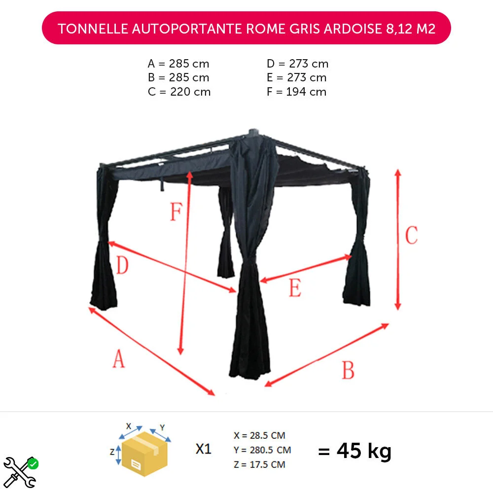 Tonnelle autoportante Rome gris ardoise 8,12 m2