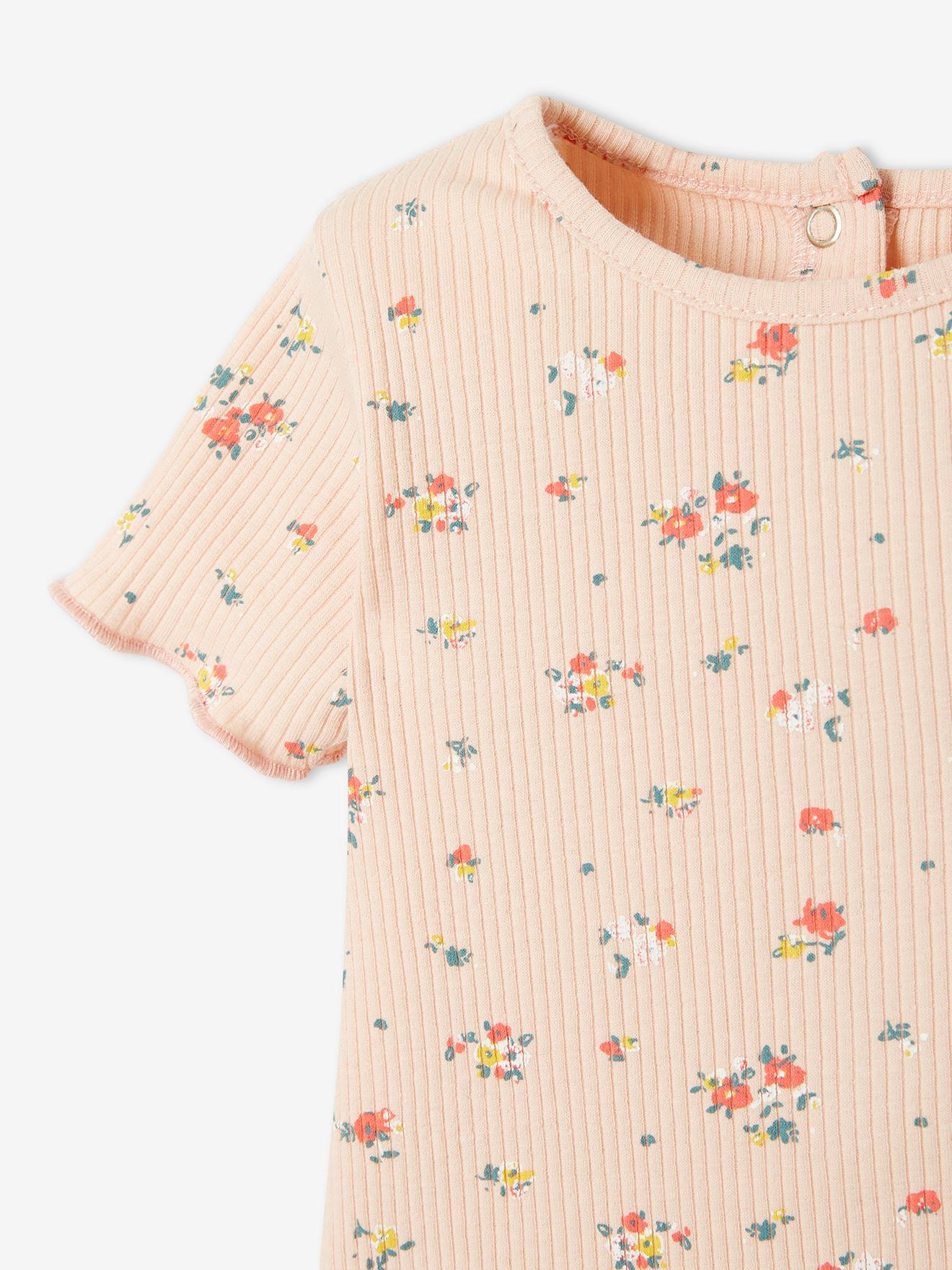 Camiseta floral canelada para bebê, estampa rosa claro