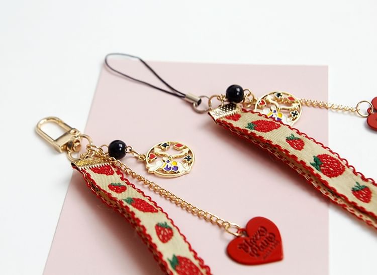 Huella - Meisjesachtige telefoonhanger met aardbeienprint / sleutelhanger