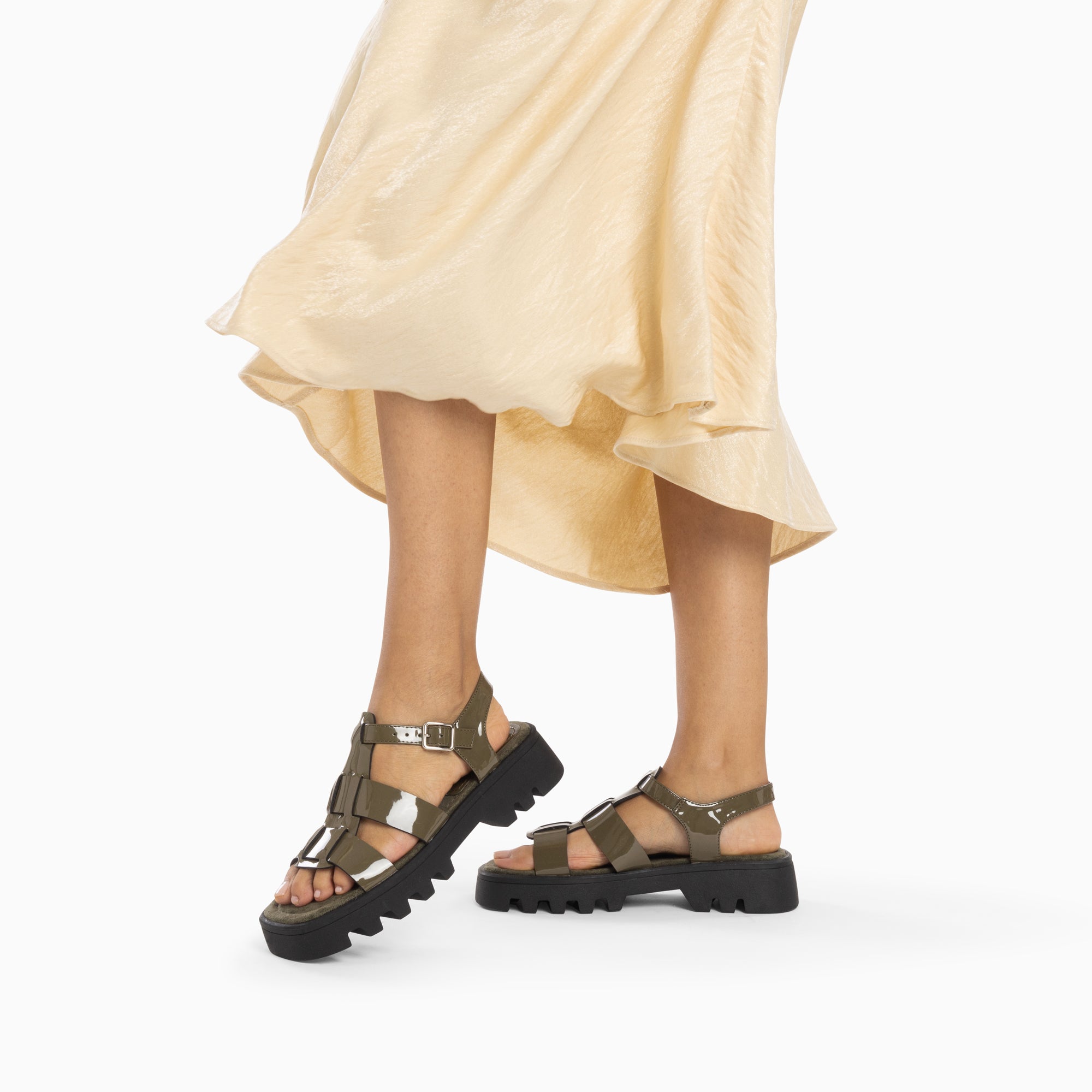 Sandales plates-Sandales Edmée kaki verni à plateforme crantée