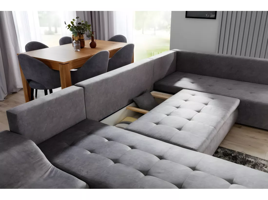 Canapé panoramique convertible simili cuir blanc Jonaz 340cm-Méridienne A gauche