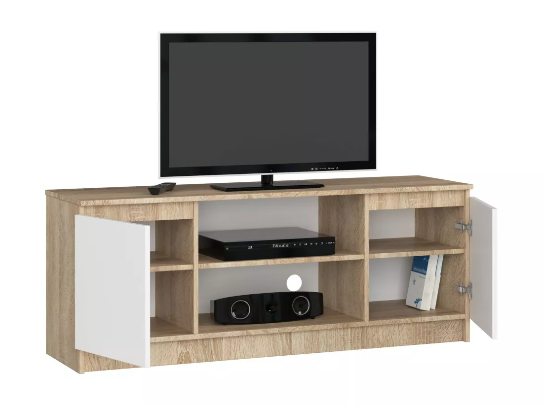 Meuble TV pour salon AKORD Chêne Sonoma 140 cm 2 portes façade Blanche 2 étagères 140x40x55 cm