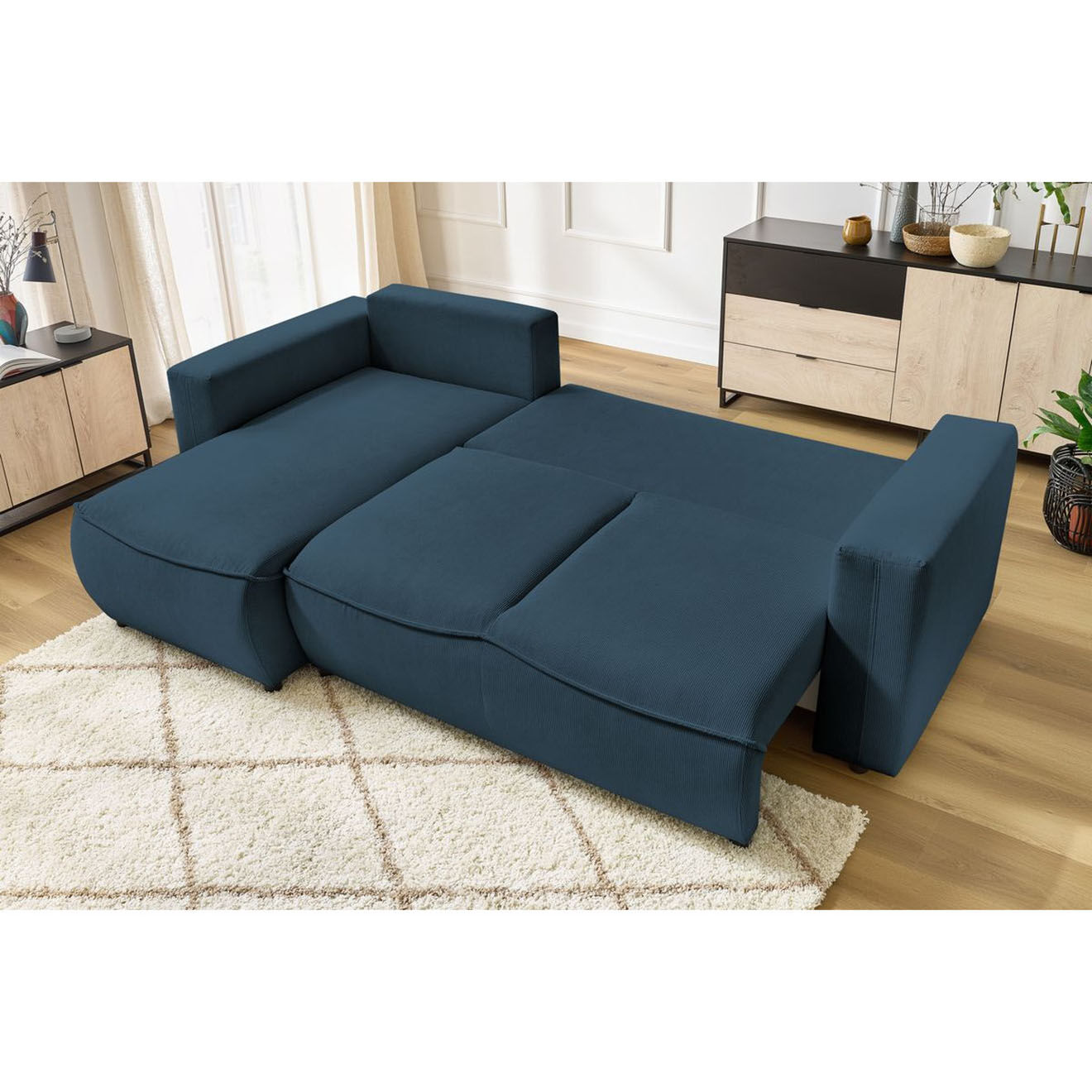 Bobochic Canapé d'angle gauche convertible coffre jasmin velours côtelé bleu foncé - 256x158x90 cm