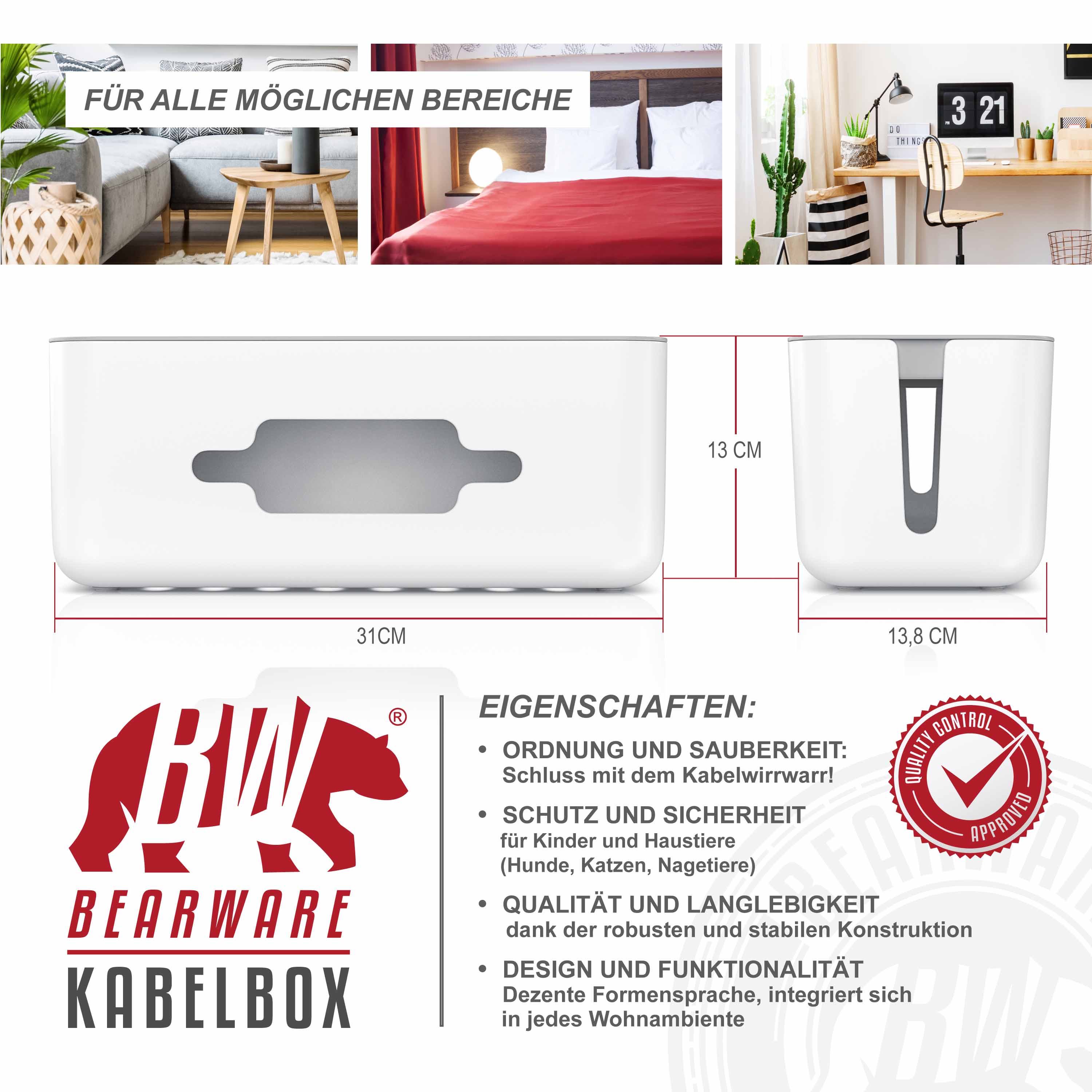 BEARWARE Kabelbox mit Gummifüßen Kabelmanagement / Kabelordner / Ladebox
