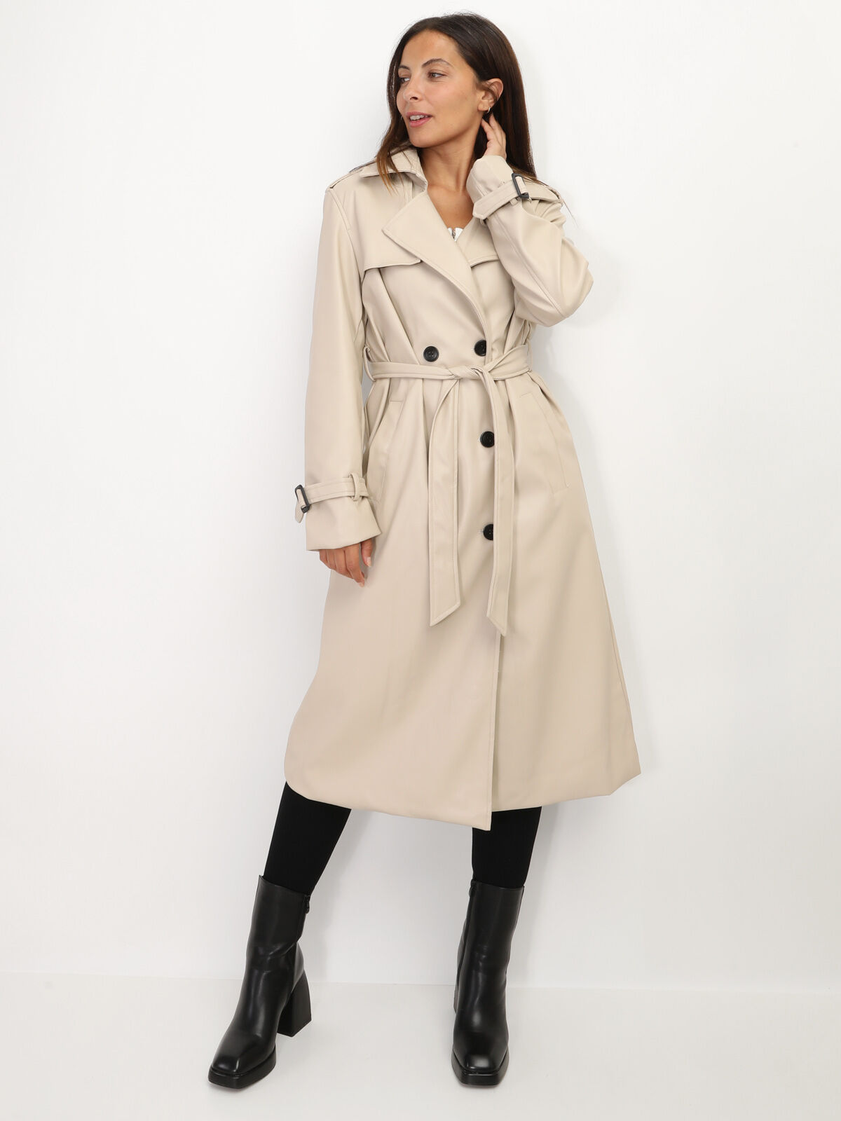 Trench mi-long ceinturé en simili- Beige