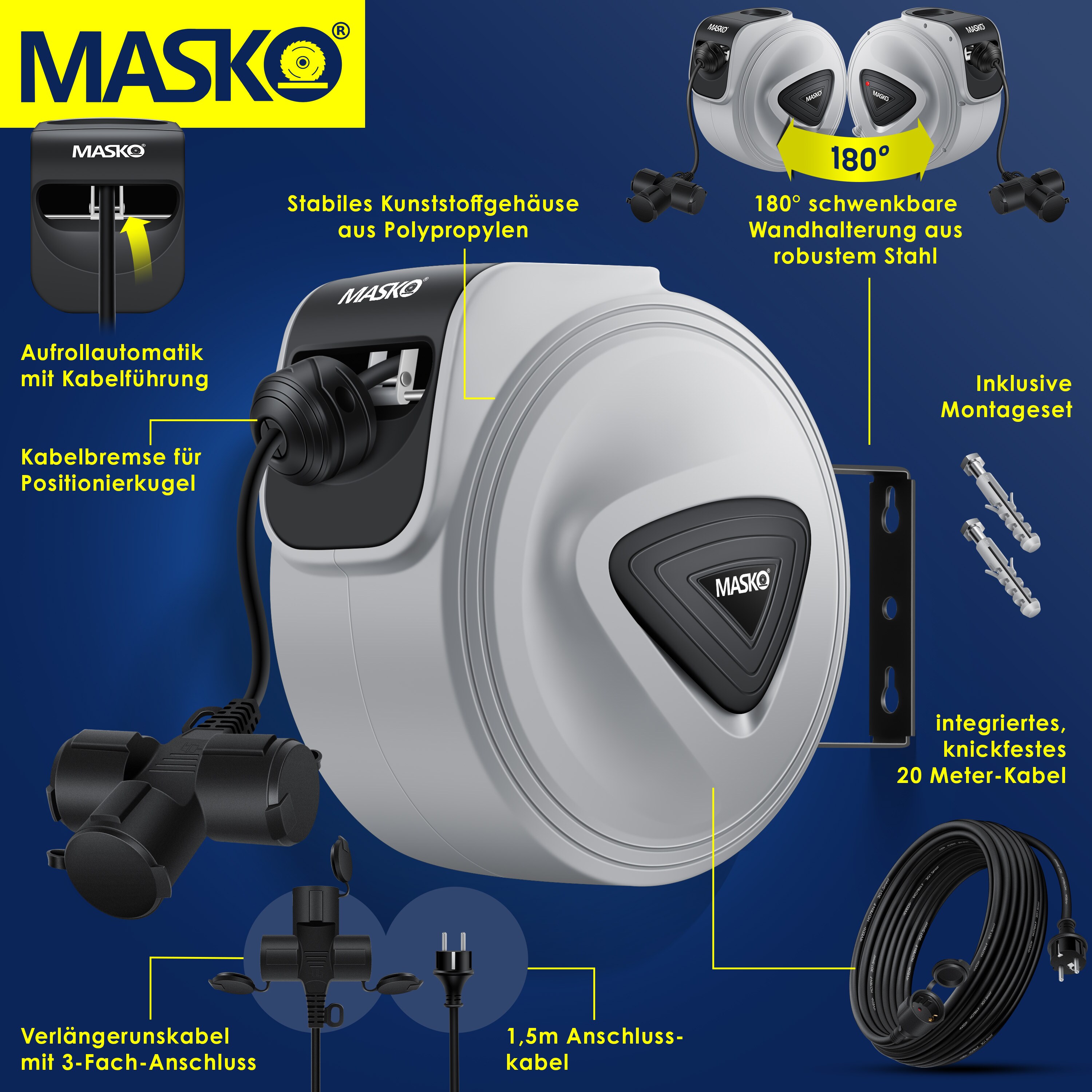 MASKO® Automatik Kabeltrommel Verlängerungskabel mit 3-Fach Anschluss 180° drehbar 1,5m Zuleitung Wandhalterung Werkstatt Kabelaufroller Automatisch Stromtrommel Schlauchaufroller Inkl. Handschuhe