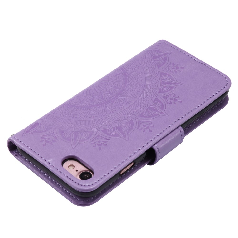 iPhone SE (2022/2020) / 8 / 7 / 6S Leder Tasche Wallet - Mandala Flowers Imprint - Lila
