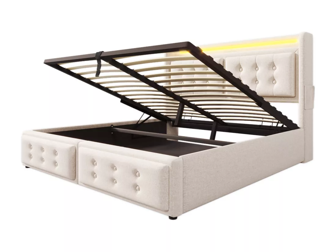 Lit coffre 180x200cm en tissu lin - avec LED et Ports de recharge - Beige