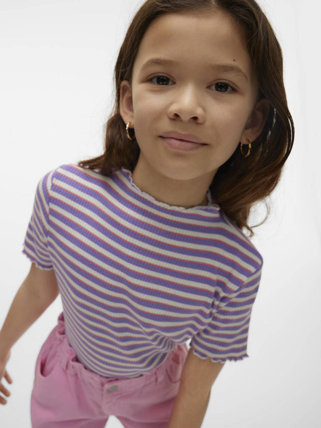 VERO MODA GIRL gestreept ribgebreid T-shirt VMVIO wit/paars/roze