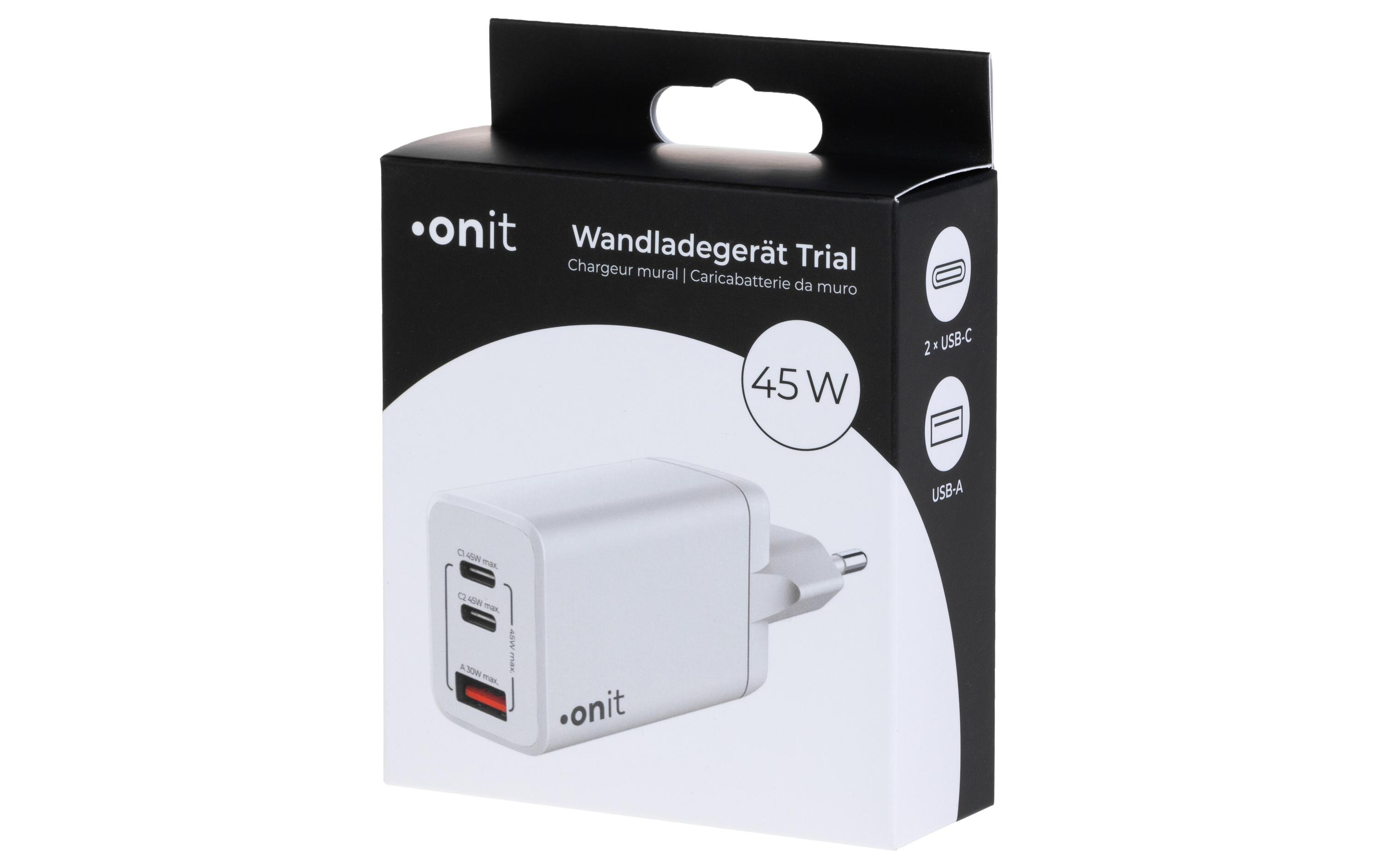 USB-Wandladegerät Trial QC4+ 45 W GaN WeissLadeadapter mit zwei USB-C-Ports und einem USB-A-Port
