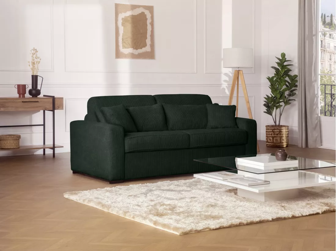 Canapé 4 places convertible express en velours côtelé vert - Couchage 160 cm - Matelas 16 cm - MONDOVI