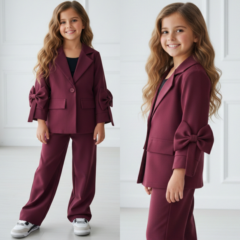 Girls Elegant Bow Blazer Set - bordeaux