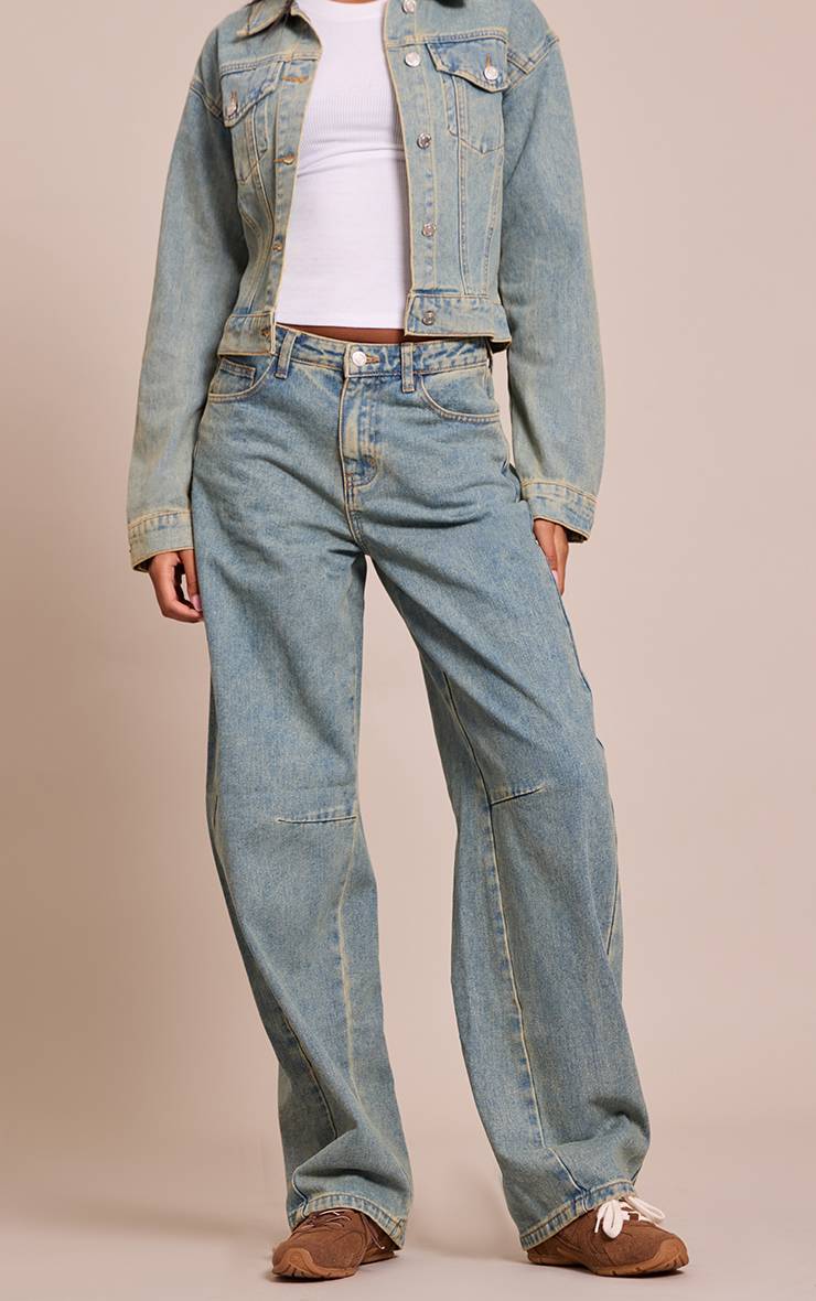 Délavage Vintage Jean Barrel Taille Basse À Détails De Coutures Vintage Coupe Tall
