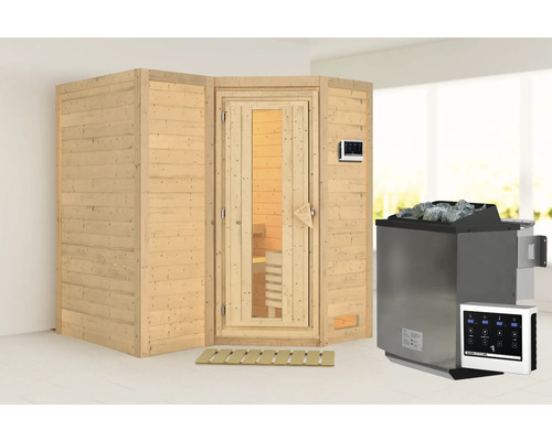 Karibu Melanit 1 modulaire sauna inclusief 9 kW biooven en externe regeling, zonder dakrand, met houten deur en isolatieglas, thermisch geïsoleerd.