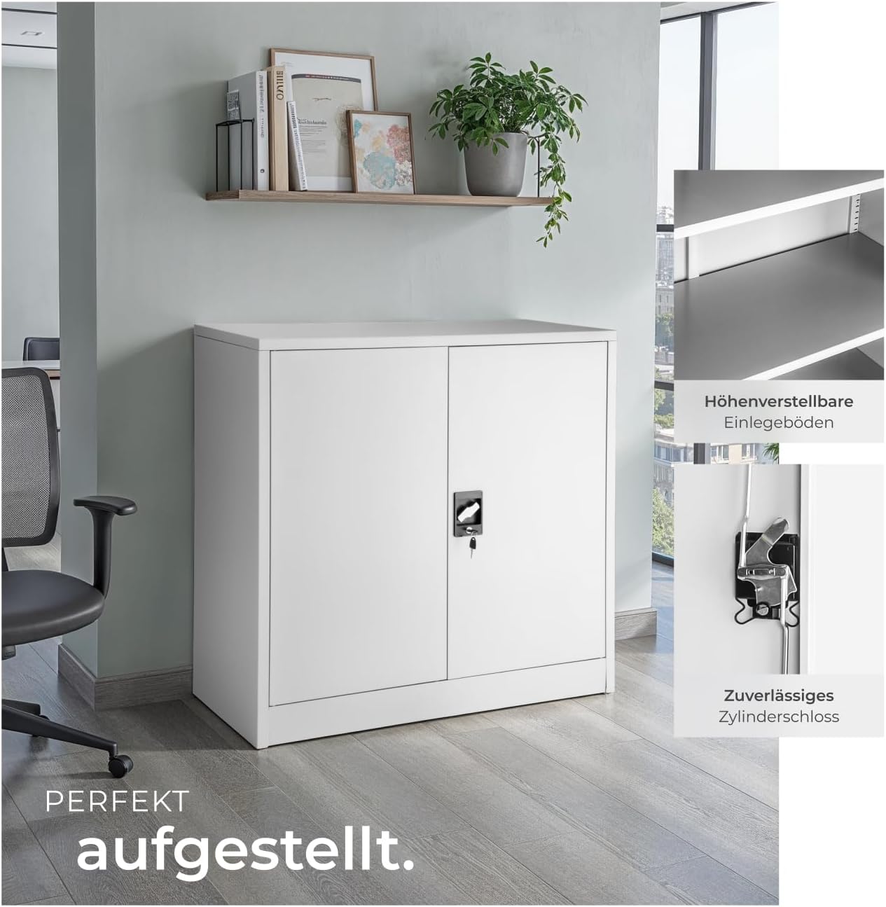 tectake® Aktenschrank abschließbar, Metallschrank mit Sicherheits-Zylinderschloss, Büroschrank abschließbar, Mehrzweckschrank aus Stahl, 3 höhenverstellbare Einlegeböden, 90 x 40 x 90 cm - grau
