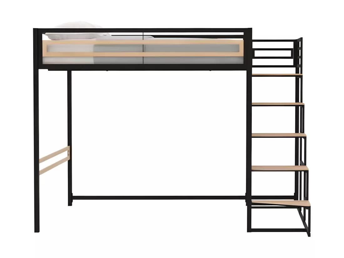 Lit mezzanine - 140x190 cm - Métal - Noir - Sommier inclus - LEON