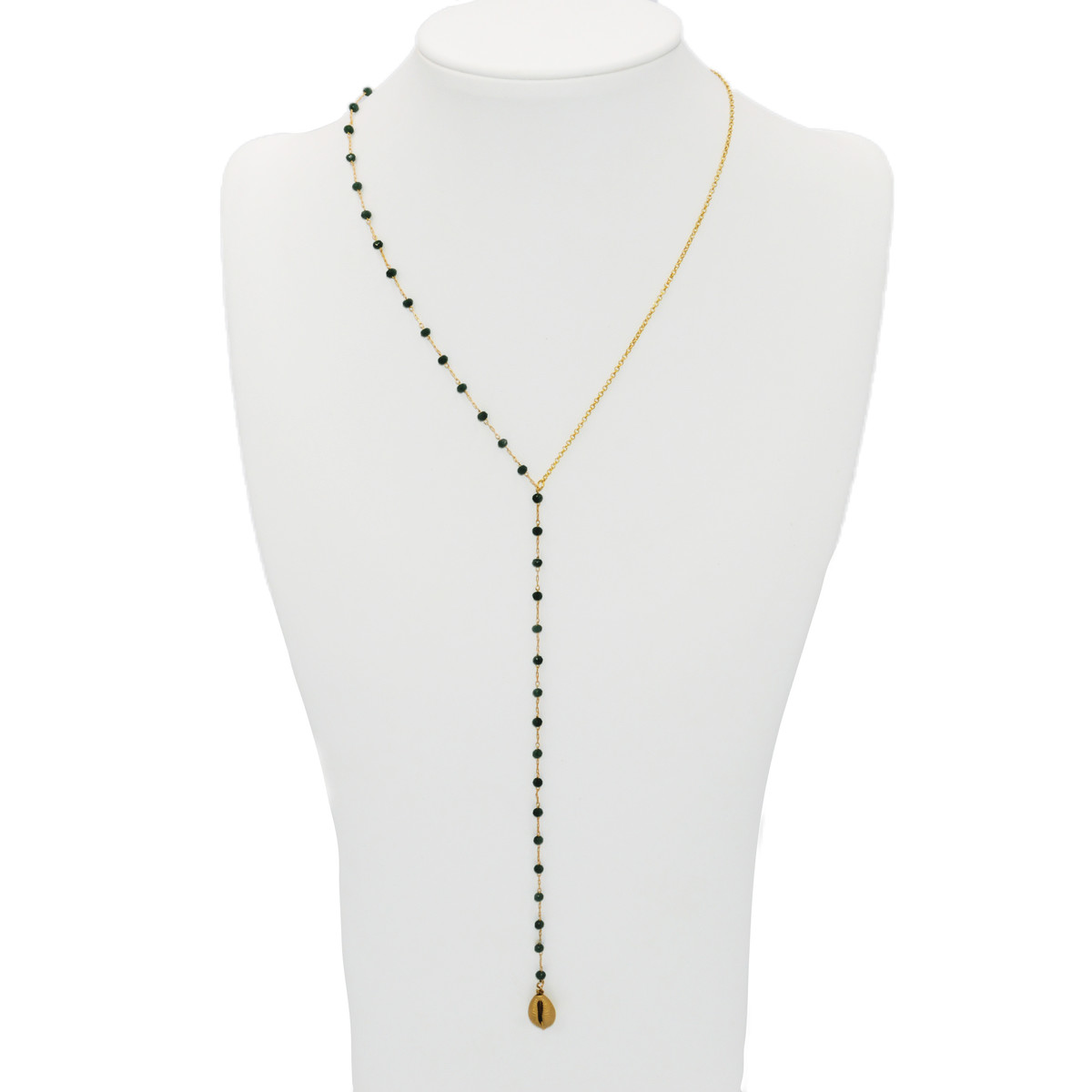 Collier en Y  perle de verre chapelet et  cauri doré à l 'or