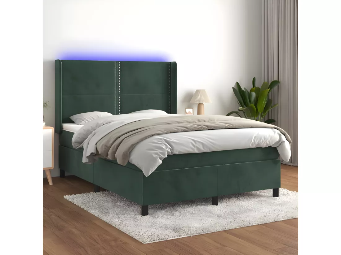 Sommier tapissier matelas et LED Vert foncé 140x200 cm Velours