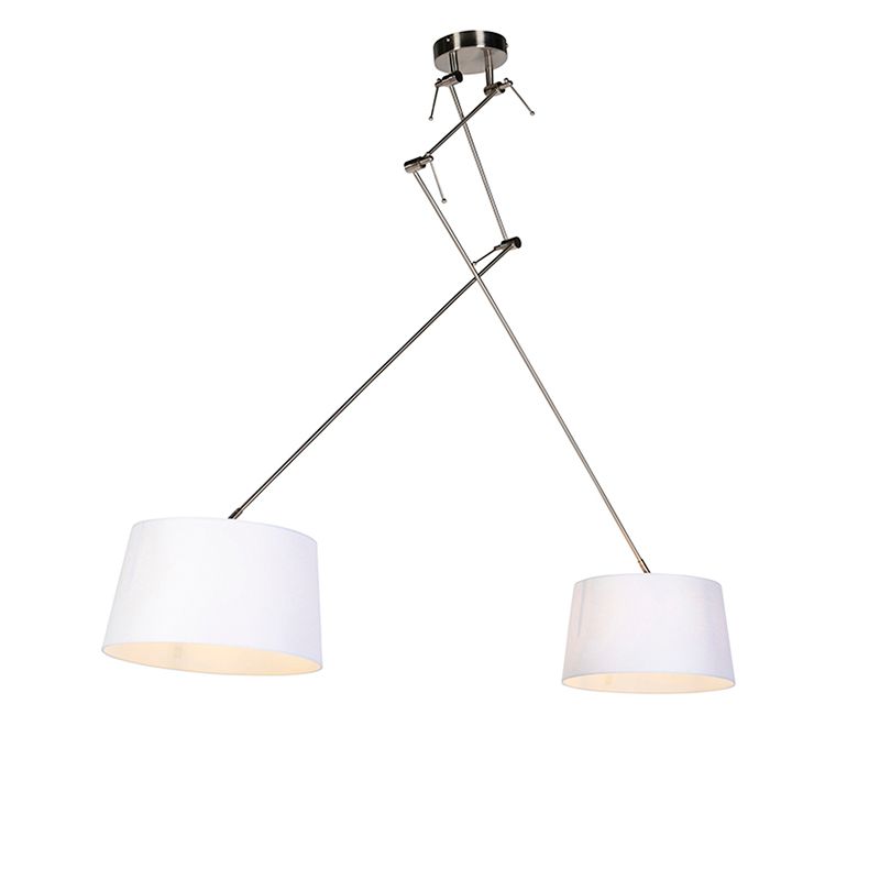 Hanglamp staal met linnen kappen wit 35 cm 2-lichts - Blitz