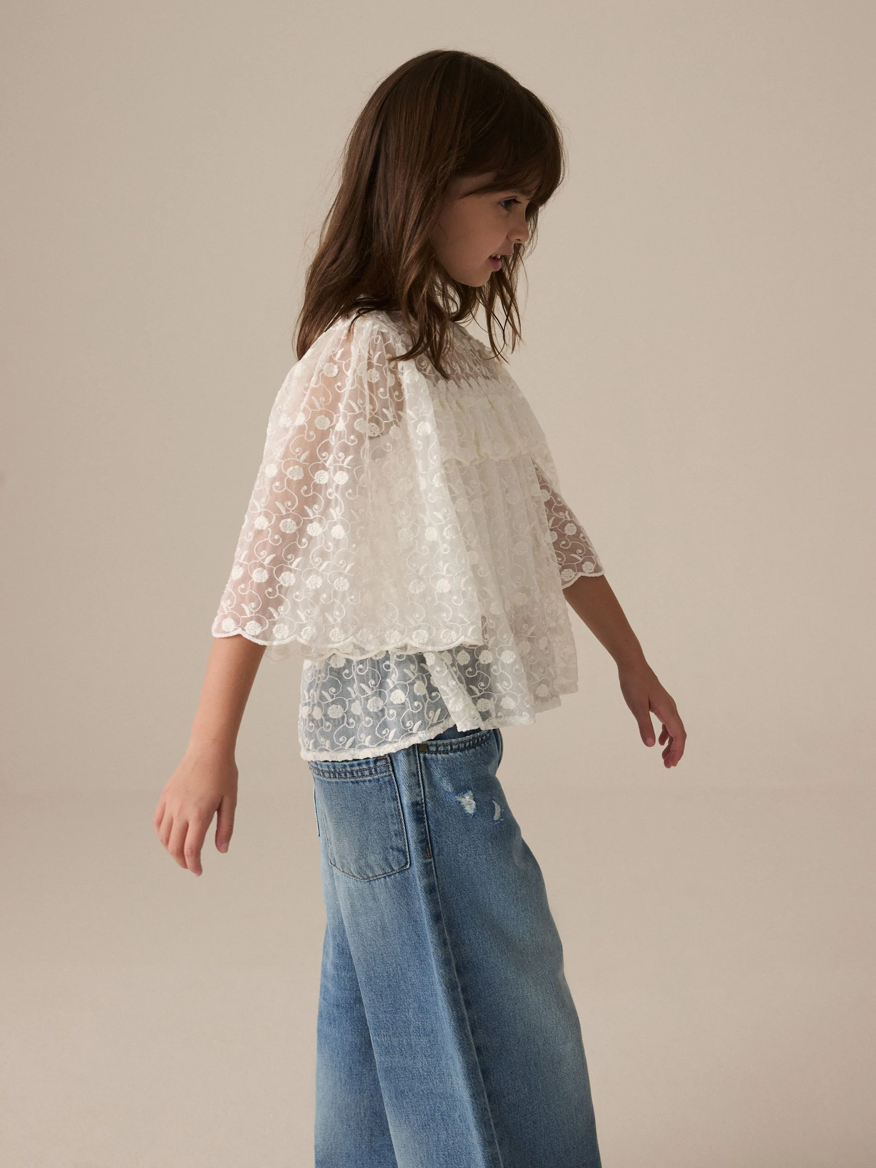 Crème - 100% katoenen kanten blouse (3 - 16 jr)