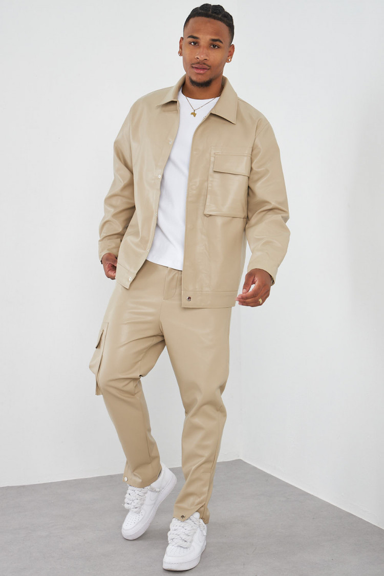 Ensemble 2 pièces veste + pantalon en simili cuir beige