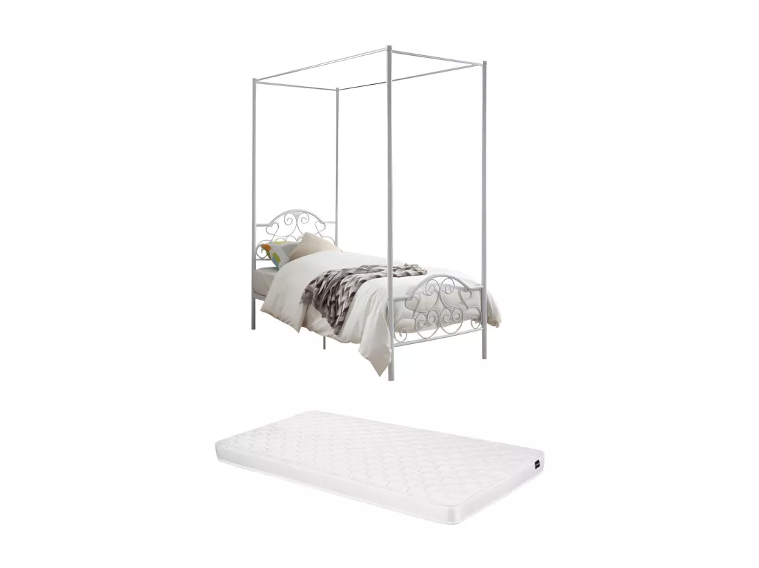 Lit à baldaquin LEYNA - 90 x 190 cm - Métal - Blanc + matelas