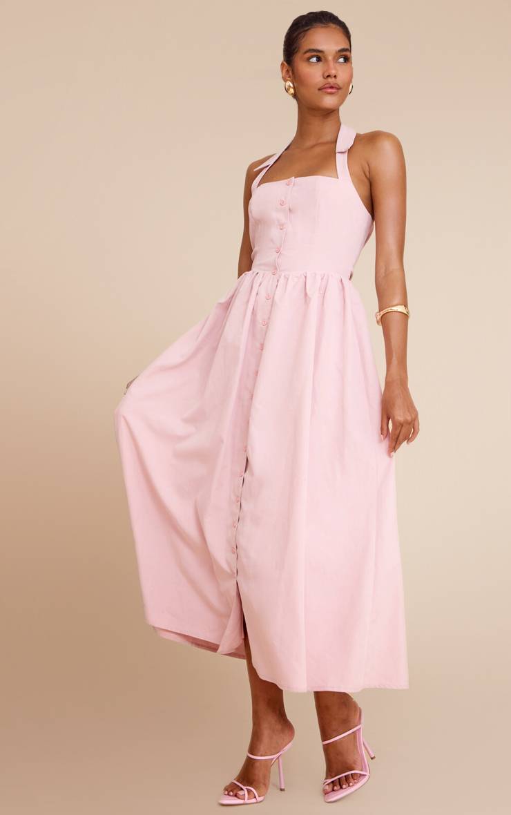 Rose Poudré Robe Mi-longue Tissée À Col Boutonné