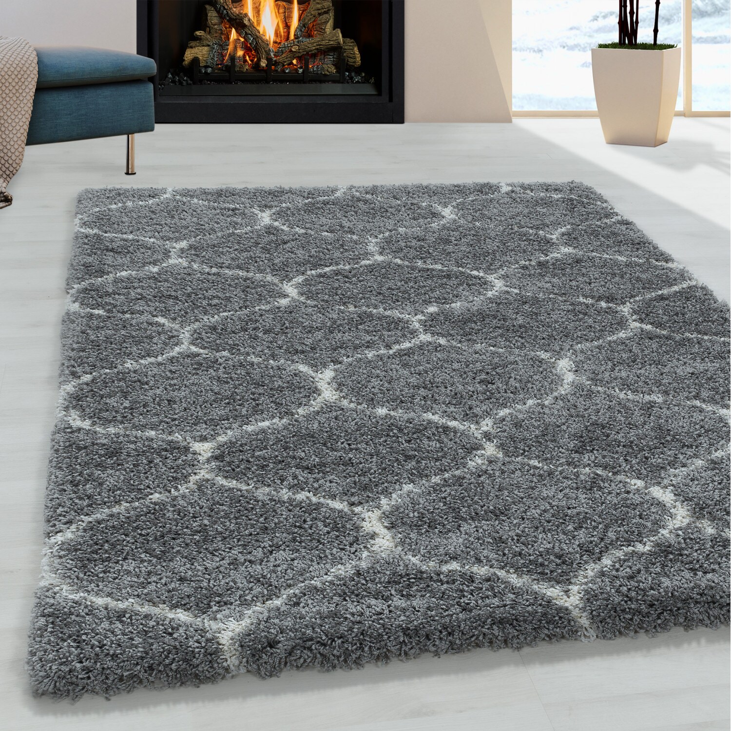 Stilvoller Designer Hochflor Teppich, Skandinavisches Flair, Flauschiger Teppich