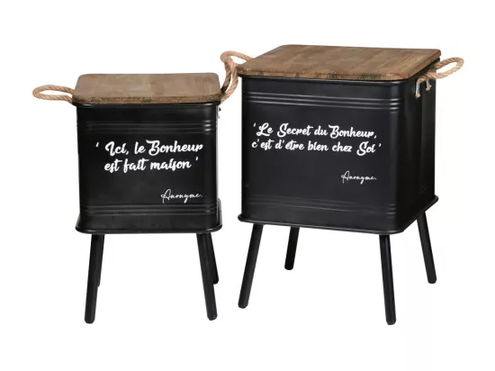Ensemble de 2 tables noires en métal style industriel avec anse en corde. Collection HAPPINESS
