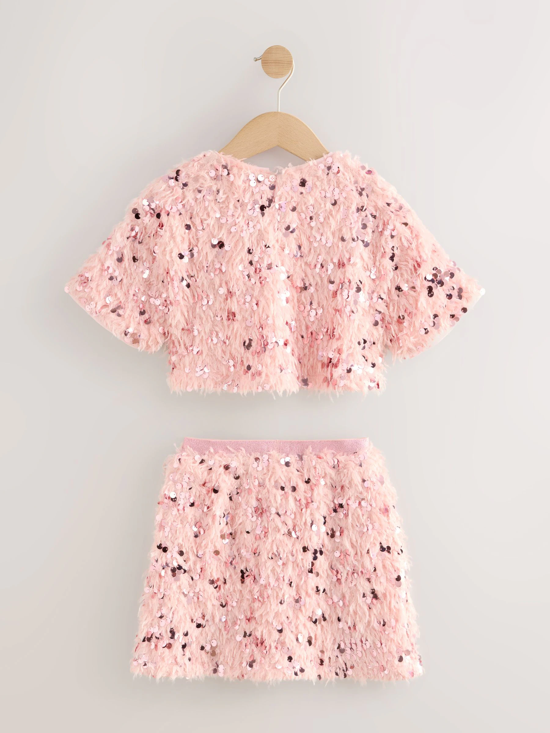 Roze pluizige Pailletten - Set van T-shirt en rok (3-16jr)